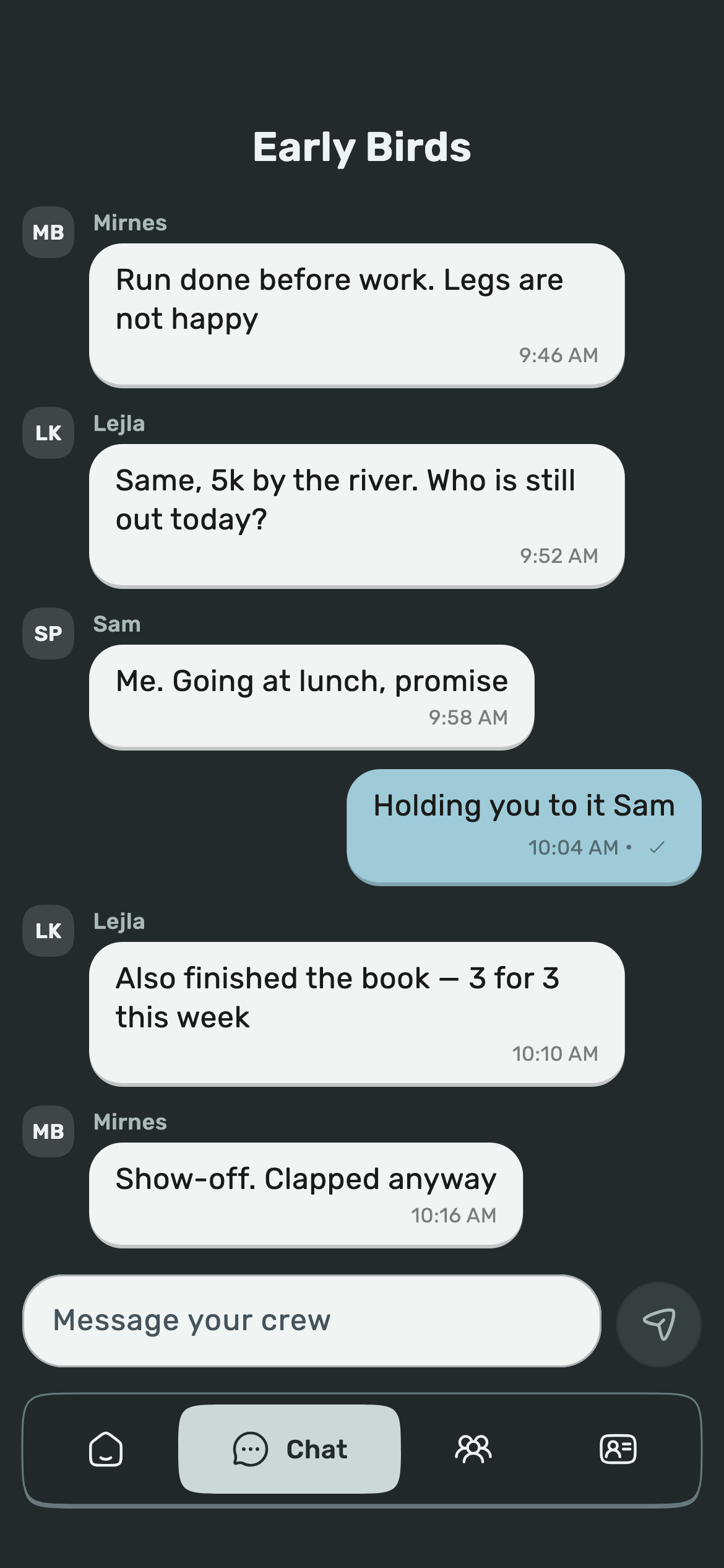 Example crew conversation in WeekPact, where friends share plans and encourage each other.